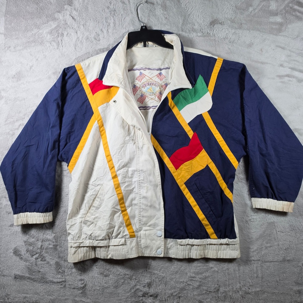 Braefair Windbreaker‎ Mens Medium Blue White Nautical Flag 80s Vintage Jacket